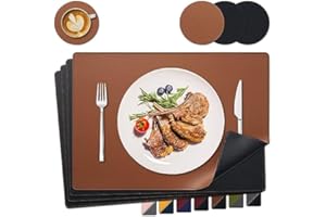NOSTHEART Tischsets Abwaschbar 4er Set, Platzsets Abwischbar Tischsets Leder Hitzebeständig rutschfest Platzdeckchen mit Untersetzer Rund, Doppelseitigen Mit Randnähten, Schwarz Braun