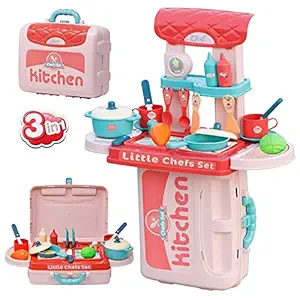 MANAKI ENTERPRISE Kitchen Set 3 in 1 Portable Cooking Kitchen Set for Kids Girls with 30 Accessories Realistic Food Toys for Girls Age 5 6 7 8 9 10