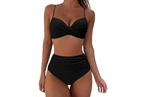 TOEECY Zestaw bikini dla kobiet, marszczony wysoki stan, dekolt w serek, push-up, wyściełane, dwuczęściowe stroje kąpielowe