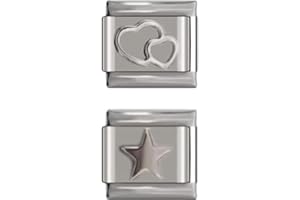 No Brand Name Bundle Charms 2pcs Charm Links| 1 Silver Double Heart 1 Silver Star - fits all classic 9mm Italian Style Bracelet - UK stock