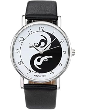 JSDDE Uhren, Fashion Cute Mädchen Armbanduhr Tai Chi Kätzchen Katze Dial Damenuhr PU Lederband Analog Quarzuhr...