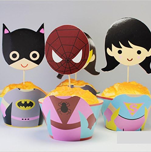 12 GIRLS SUPERHERO BIRTHDAY PARTY DECORATION CAKE CUP CAKE WRAPPER &amp; TOPPERS