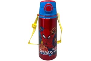 CARTOON Borraccia in alluminio con cannuccia Spiderman Marvel 730 ml bottiglia con apertura automatica pop-up per bambini tracolla in dotazione