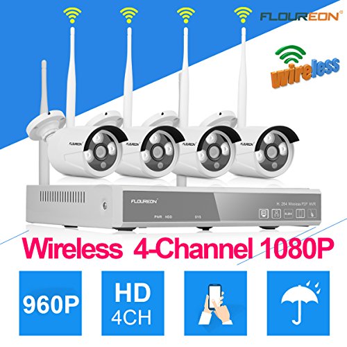 Preisvergleich Produktbild FLOUREON Wlan Videoüberwachung 4CH 1080P NVR + 4X 960P Überwachungskameras Outdoor Sicherheitskamera, P2P, Beweungsmelder, H.264, Wasserdicht, Nachsicht