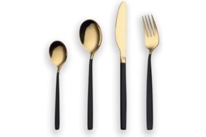 Berglander 24 Piece Titanium Black and Golden Plated Stainless Steel Silverware Set,Black Handle with Golden Mouth Flatware Set Black and Golden Cutlery Set Service for 6 (Shiny Black Golden)