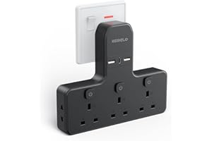 KEMELO Multi Plug Adapter (3250W/13A), Plug Extension Socket with 3 USB, 3 Way Plug Adapter UK Built-in with Independent Switches,Wall Plug Extender for School Home, Kitchen, Office