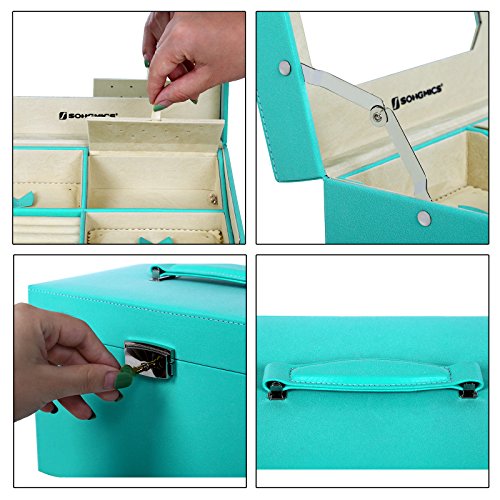 Songmics Schmuckkasten Schmuckkoffer 3 Ebenen mit Schubladen Spiegel türkis JBC218L - 4