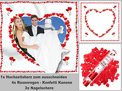 Hochzeitsherz, 4x Rosenregen 40cm, 2x Nagelschere. Hochzeitsherz zum Ausschneiden für das Brautpaar inkl. 2 Nagelscheren und 4 Party Popper. Bedrucktes Bettlaken das Hochzeitsspiel für Braut und Bräutigam mit Konfetti Shooter.