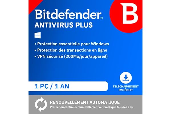 Bitdefender Antivirus Plus| 1 Appareil | 1 An | PC | Code d’activation par email | Renouvellement Automatique