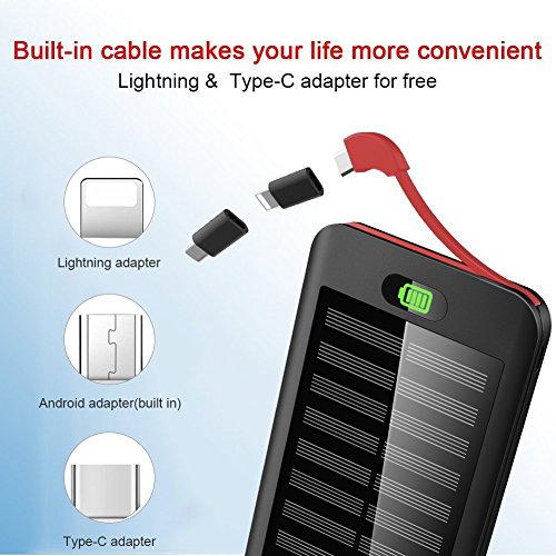 Batterie Externe 16000mAh Power Bank  VNOOKY Chargeur Solaire Portable avec Micro C  ble Int  gr   Port USB et 3 Entr  es  Lightning et Micro et Type 