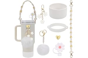 TOEECY Stanley Cup Accessori 7 Pezzi Set Incluse Manico Bottiglia d'Acqua Coperture Cannuccia Custodia in Silicone Portachiavi a Margherita per 30 oz 40 oz Tumbler Coppe Non Incluse (Bianco)