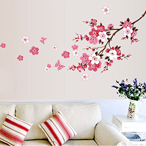 ufengke home Adesivi Murales Primavera Cherry Blossom Fiori e Farfalle Adesivi Murali Rosa Decorazione Rimovibili Vinile DIY Stickers Murali per Soggiorno, Camera da Letto/Decorazione Murale