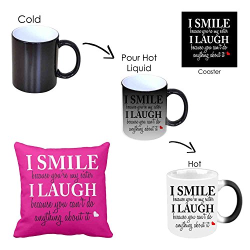Giftsmate™ Birthday Bhaidooj Gifts for Sister Funny Teasing I Smile I Laugh Magic Mug, Cushion for Sister