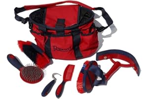 Rhinegold Borsa per la toelettatura rossa con kit, set regalo da 7 pezzi che include tutti i tipi di spazzola per peli di cavallo, pettine per curry e plettro per zoccoli con una borsa multiuso per la