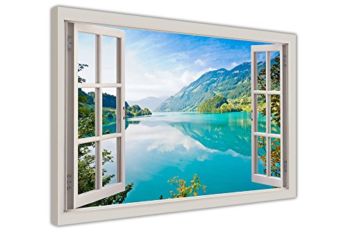 MOUNTAIN VIEW LAKE AND FOREST WINDOW VIEW EFFECT CANVAS WALL ART PICTURES DECO PRINTS SIZE: 40" X 30" (101CM X 76CM)