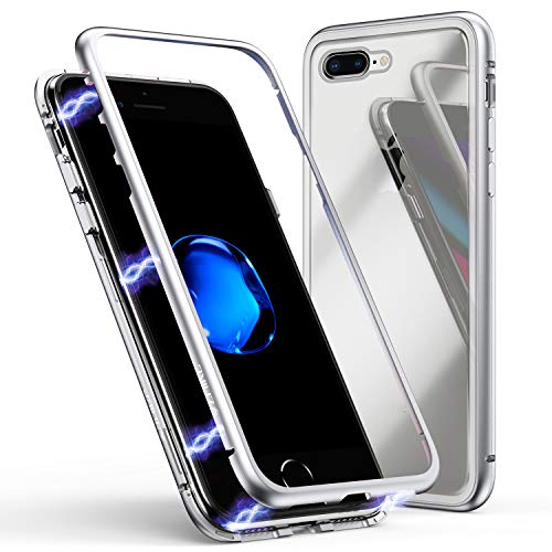 ZHIKE Funda para iPhone 8 Plus/7 Plus, Funda de Adsorción Magnética Súper Delgada Marco de Metal de Vidrio Templado con Cubierta Magnética Incorporada para Apple iPhone 7 Plus/8 Plus (Blanco Claro)