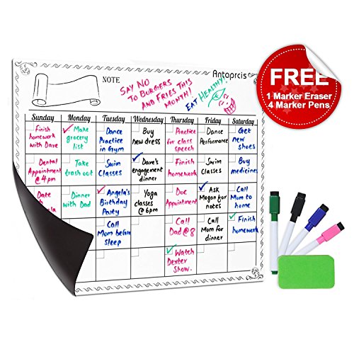 Antaprcis Pizarra Magn  tica para Nevera 30 x 40 cm con Calendario Semanal para para Notas y Planificaci  n Semanal Tablero de Borrado Seco color Blanco con 4 Rotuladores y un borrador