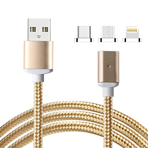 Lively Life 3in1 Magnetisches USB Ladekabel Datenkabel Type C Lightning und Micro USB Nylon braided Kabel für iPhone & Android Smartphones,iPad Tablets ,Macbook Air/Pro,Samsung Galaxy ,LG ,Sony Xperia,Google Pixel,Huawei ,HTC ,OnePlus, Motorola Moto,MP3 players, GPS, Camera and More(3.3ft/1m ,Golden)