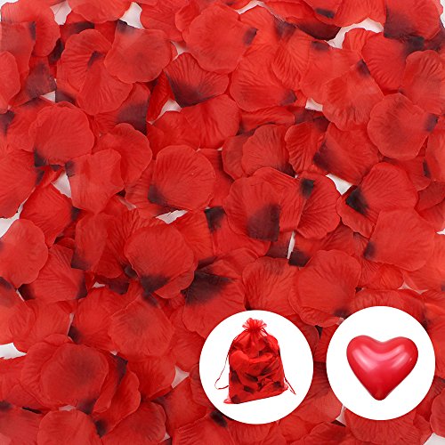 JUSLIN 2500 Stück Dunkelrot Seide Rosenblätter Rosenblüten Hockzeit Blumen Dekoration mit 10 Herzform Ballon und 1 Kordelzug Beutel
