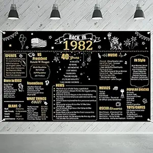 W1cwey Extra Large 43.3*70.8 Inches 1982 Backdrop 40 Year Old Birthday Party Photo Background Anniversary Banner 40th Birthday Black Gold Decor Vintage 1982 Backdrop Photography for Indoor Outdoor