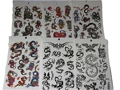 One Book of 6 Sheets Mens Boys Large Black Celtic Chinese Dragon Celtic Tribal style Temporary Tattoos for parties, gifts, etc - by Fat-Catz-copy-catz