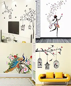 Ghar Kraft Set of 4 Vinyl Wall Sticker Royal Peacock | Free Bird Cage Brown | Dream Girl | Dream Girl | Dream Girl | Love Birds with Hearts