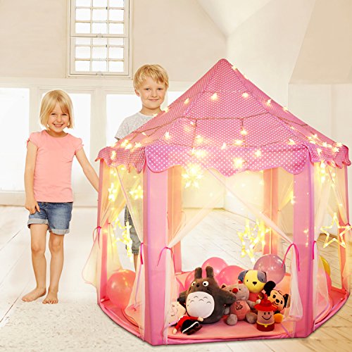 Outdoor Indoor Princess Castle Play Tents,Shayson Large Playhouse Kids With Warm Soft Blanket Smile Tent Light, 40 Small Star Lights,6 Middle Hang Star Led Light,6 Large Hang Star Led Light For Festival Fairy Princess Castle Tent, Newest Design, Extra Large Room (tent series)