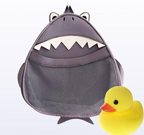 Medlee Products Hanging Mesh Bath Toy Organiser Storage Bag – FREE Rubber Ducky Gift – Grey Shark Animal – Mold Resistant Large Strong Net - For Baby, Kids, Toddlers, Children, Boys and Girls