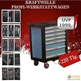 kraftwelle werkzeugtrolley PROFI - WERKSTATTWAGEN 220 teilig in 7 Ebenen mit Werkzeug Fahrbar KRAFTWELLE