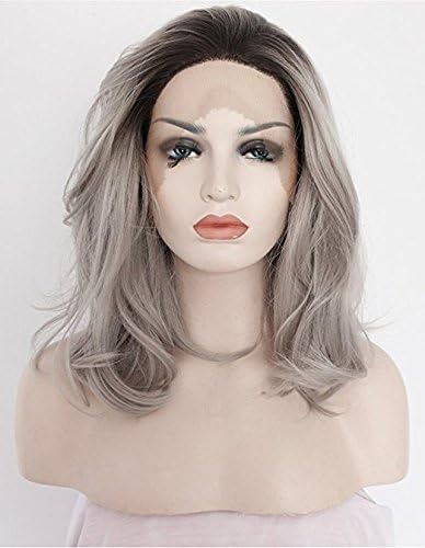VANGEL Ombre Grey Synthetic Lace Front Wigs Bob Dark Roots 2 Tones Silver Gray Short Wavy Replacement Full Wig for Women 12 inches