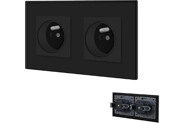 BSEED Prise Murale,Prises electriques Standard avec des griffes,16A 110-250V Double Prise de Courant Alternatif avec Panneau en Verre Cristal,Prise Encastrable, pour Bureau à Domicile(2 Prise,Noir)