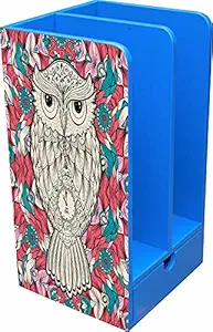 Enigmatic Woodworks Multi Purpose Wooden Books Organizer with Drawer | Pen Stand, Pencil Stand | Stationery Stand for Office | Desk Organizer | Kitchen Organizer (Blue Color, Owl Theme)