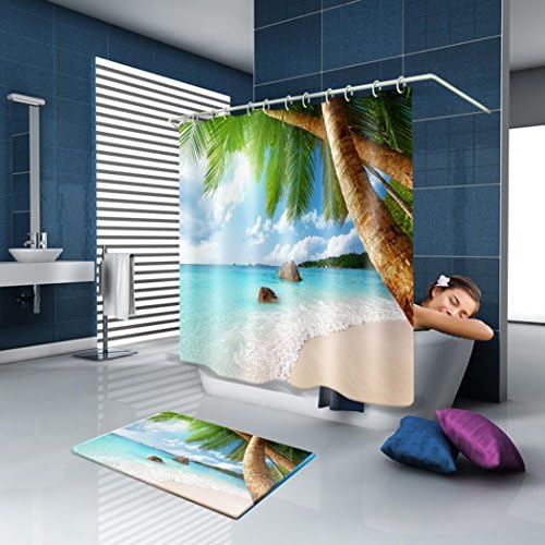 TSJT Bath Accessories Shower Curtain and Bath Mat Set Polyester Waterproof Mildewproof Beach View Pattern Bathroom Decor with 12 Plastic Hooks Multi Size Same Color System , 180 x 220 cm