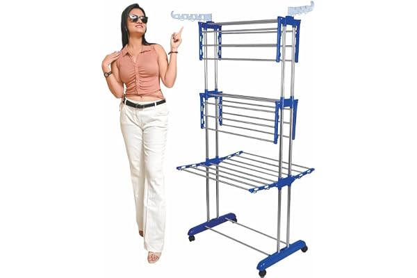 Mega Clothing Stand Stylish Garment Stand Hanging Rack Clothes Hanger for Balcony & Bedroom 3-Tier Folding Clothes Rail Clothes Horses Drying Rack (Royal Blue)