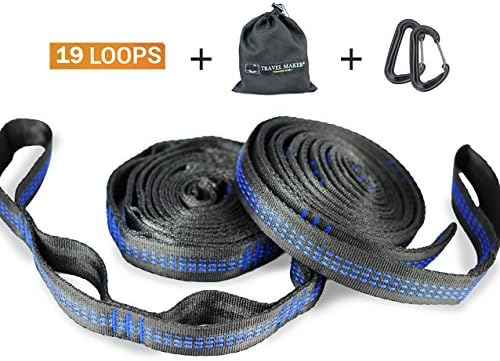 TRAVEL MAKER® Hammock Straps for Hiking with 19 Loops Adjustable Hammock Tree Straps with 2 Locking Carabiners High-Strength Polyester Webbing for Camping Hammocks - 2 Straps Combined 2200 Ibs Breaking Strength (Blue)