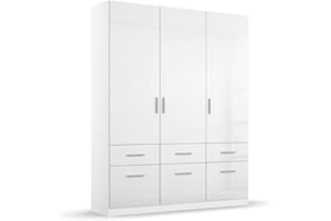 ‎RAUCH MÖBEL Rauch Möbel Celle Schrank Drehtürenschrank in Weiß/Hochglanz Weiß, 3-türig mit 6 Schubladen, inkl. Zubehörpaket Basic 1 Kleiderstange 2 Einlegeböden, BxHxT 136x197x54 cm