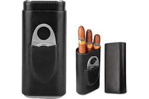 MTLHBCG Zigarrenetui für 3 Zigarren，Zigarren Humidore, Leder Zigarrenetui, Leder Zigarren Etuis mit Zigarrenschneider aus Edelstahl,Tragbarer Humidor Zigarren | für Reise Kurztrips(Schwarz)