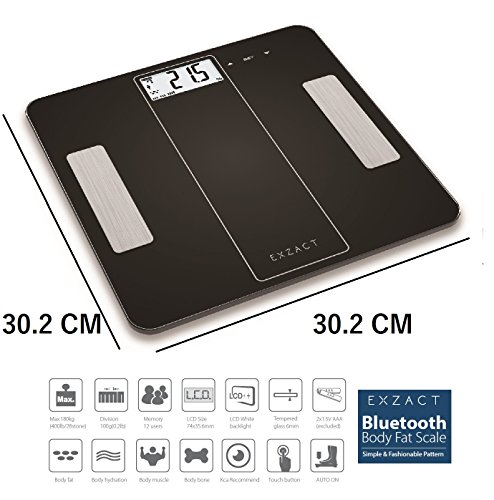 EXZACT Smart – Intelligente Körperanalysewaage/ Elektronische Personenwaage/ Digitale Personenwaagen/ Badezimmerwaage – Bluetooth 4.0 für Smart Phone (iPhone iOS) – Körperfett/ Wasser / Muskeln/ Knochen – 180 kg/ 400 lb (Schwarz) - 3