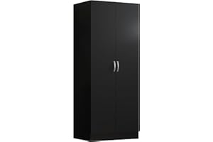 NERA FURNISHINGS Black 2 Door Wardrobe with Hanging Rail and Shelf Modern Bedroom Furniture Storage (Black)
