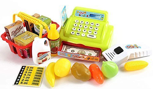 Preisvergleich Produktbild Arshiner Supermarktkasse mit scanner, elektronischem Rechner, Kreditkartenabrechnung und abschließbarer Schublade mit Geld, inklusive Einkaufskorb mit Zubehör