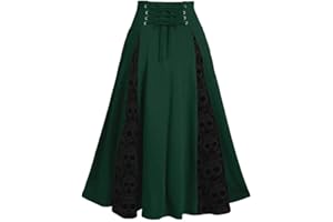 KUIH Gothic-Rock Damen Fantasie Rock Gothic mit Spitzeneinsatz Halloween-Kostüm Langes Kleid Elegant und Fein Vintage Rock Gedruckt Gürtel Rock Klassischer Schnitt Komfortabel Dress Partykleidung