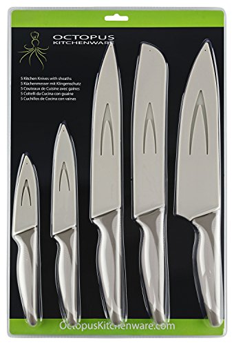 Küchenmesser Set – 5 Qualitäts-Messer mit Klingenschutz – Kochmesser, Brotmesser, Fleischmesser, Gemüsemesser, Schälmesser, antihaft – hygienisch, leicht zu säubern, extra scharf, rutschfeste Griffe - 5