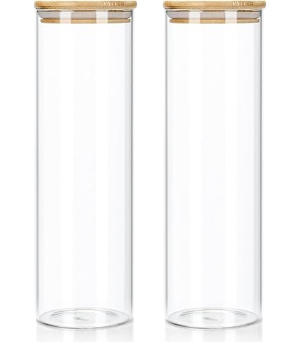 TALK-POINT Set van 6 voorraaddozen van glas met bamboedeksel, voorraadpotten, glazen container, spaghettiglas, incl. 8 krijtetiketten en stift, luchtdicht, vaatwasmachinebestendig, mottenbestendig