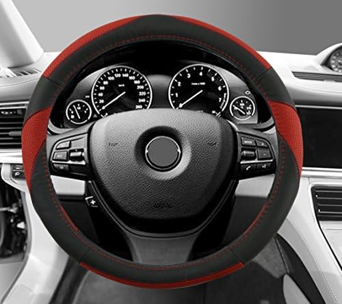 Gomass Car Leather Steering Wheel Covers Universal 15 inch Breathable Anti-slip Wheel Wrap (black red)