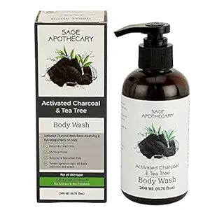 Sage Apothecary 100% Natural Activated Charcoal, Aloe Vera & Tea Tree Body Wash Shower Gel | Pure Refreshing & Moisturizing | Brighter & Smoother Skin |Suitable for Men Women Oily Dry All Skin | Silicon & Parabens Free | Pack of 200ML