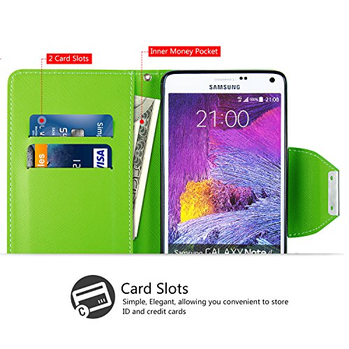 Note 4 Hülle – Vakoo Bookstyle Schutzhülle Flip Case Premium PU-Leder Tasche Hülle für Samsung Galaxy Note 4 (Grün Weiß) - 3