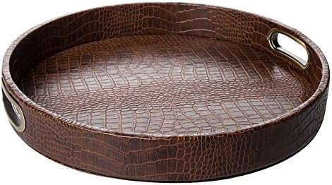 Signature Home Collection 101 lcd Round Tray 42 x 42 cm Height 6 cm, with Brass Handles, Crocodile Print Leather, Wipe-Clean, Light Brown