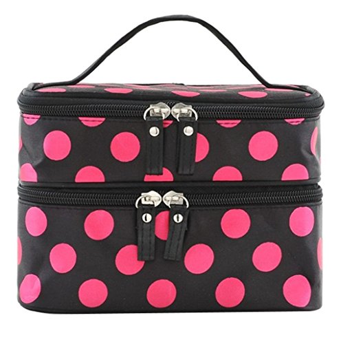 Neceser TianQin WY de mano para llevar y guardar maquillaje, cosméticos, artículos de tocador, con estampado de lunares rojos, dos niveles, dos cierres y espejo