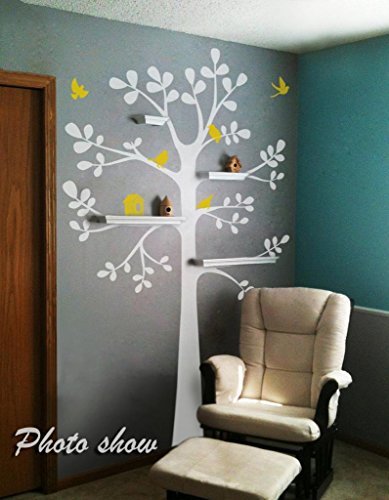 Tree Wall Decal - Shelving Tree Decal with Birds Vinyl Tree Wall Sticker Nursery Wall Decal Nursery Room Art Decor A(tree:White;birds and nest:Light Yellow) by WallsUp