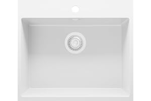 PRIMAGRAN Evier Cuisine en Granit Tout Blanc 58x50cm, Lavabo 1 bac + Kit de Vidage, Évier à Encastrer al mueble 60cm - Riga S179